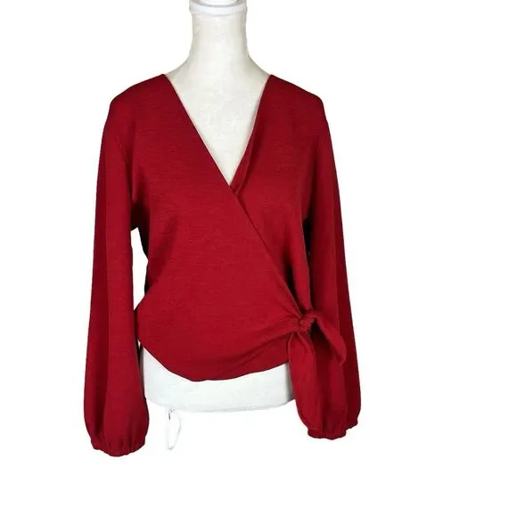 Madewell Texture & Thread Red Wrap Surplice Tie Front Crepe Blouse Top Size L - Picture 2 of 6